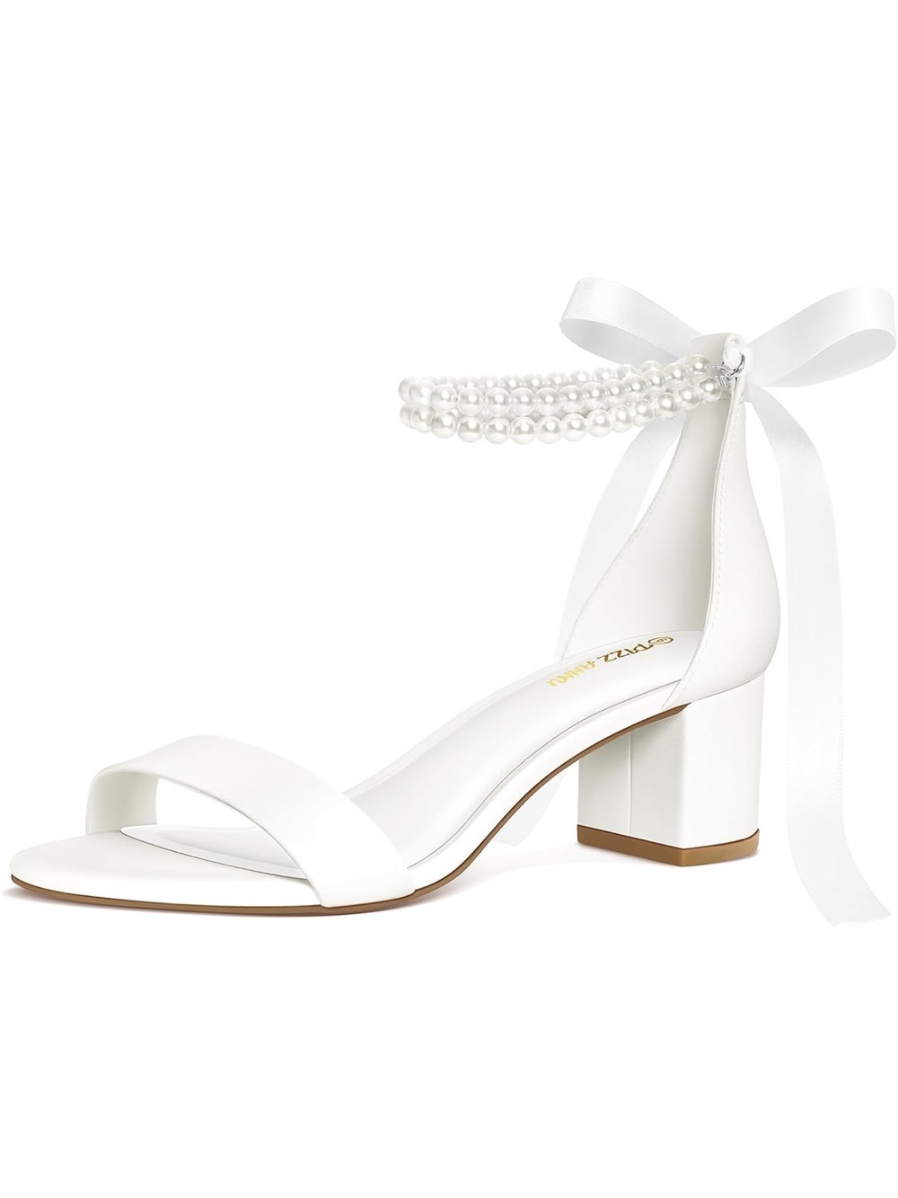 White Pearl-Detail Bow Short Block Heels